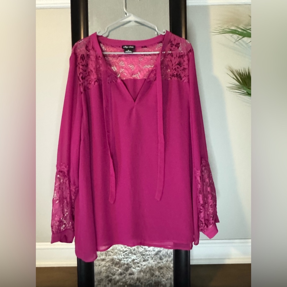 City Chic Fuchsia Lace Long Sleeve Top